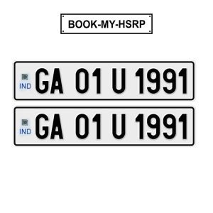 Goa HSRP (High-Security Registration Plate) showing a vehicle registration plate with enhanced security features and unique codes, available for online booking through IndNumberPlate.com for new and replacement plates