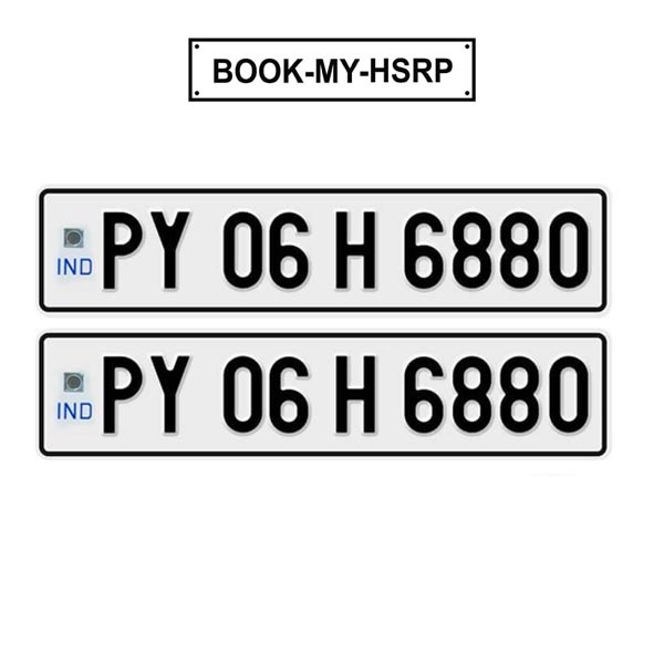 High-Security Registration Plate (HSRP) for Puducherry vehicles, showcasing a unique design with reflective features for secure vehicle identification